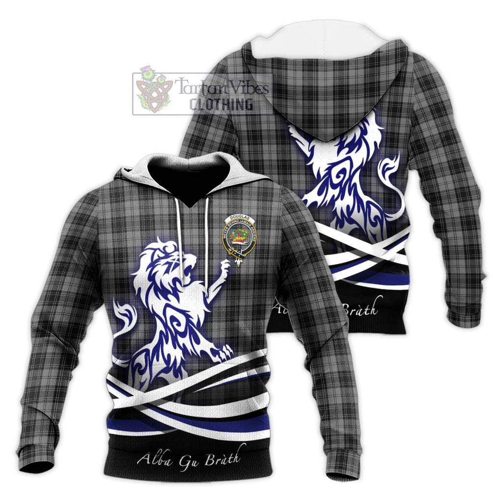 Douglas Grey Tartan Knitted Hoodie with Alba Gu Brath Regal Lion Emblem Unisex Knitted Pullover Hoodie - Tartanvibesclothing Shop