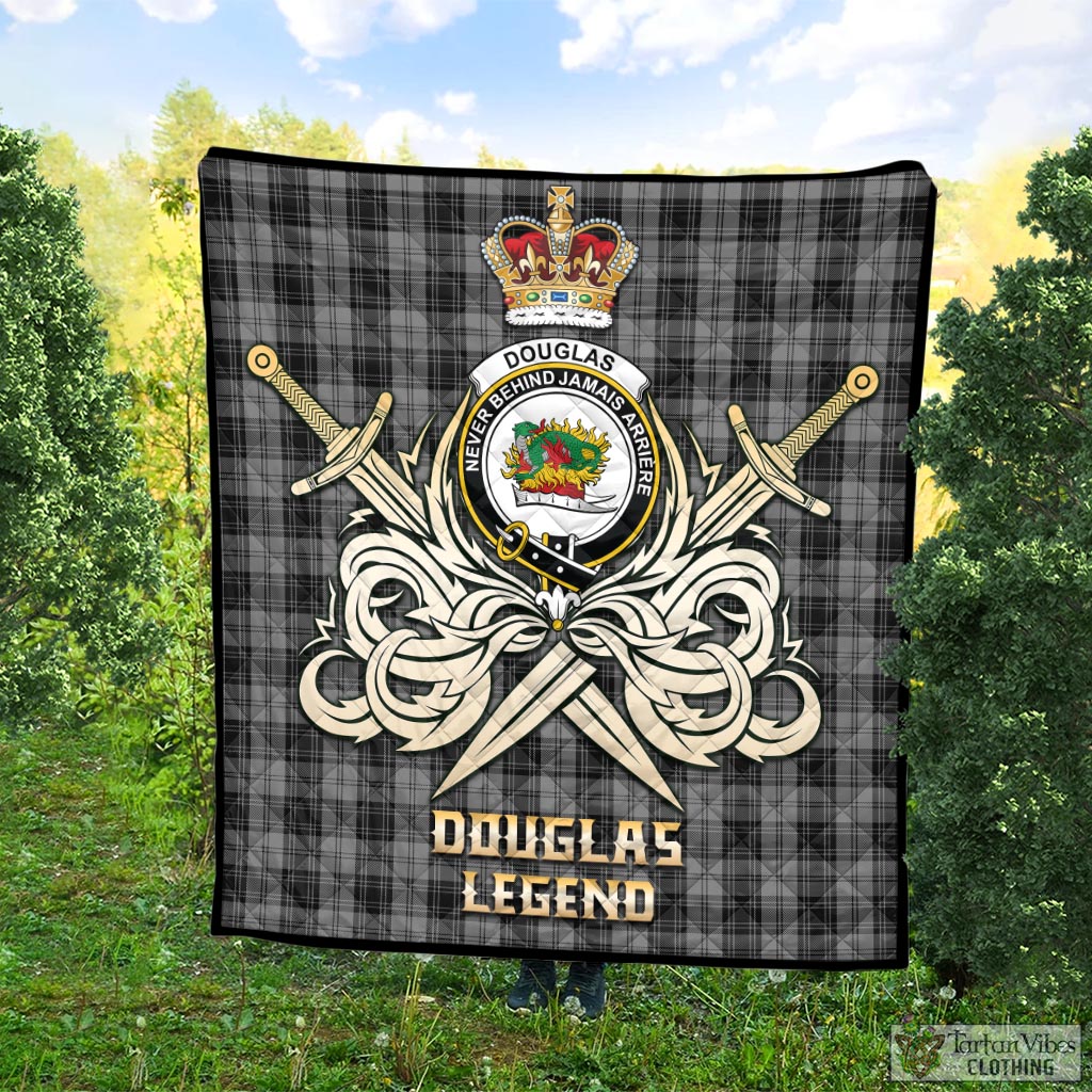 Tartan Vibes Clothing Douglas Grey Tartan Quilt with Clan Crest and the Golden Sword of Courageous Legacy