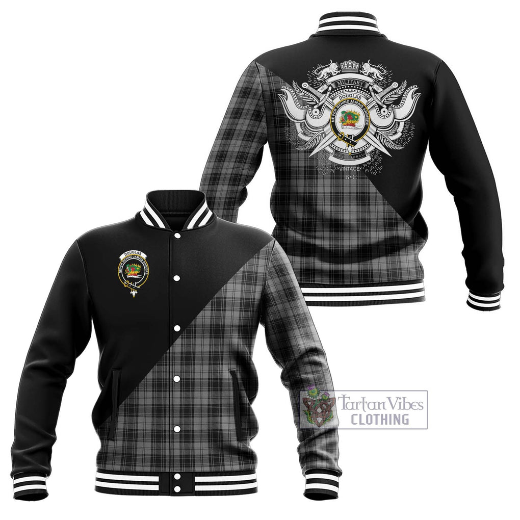 Douglas Grey Tartan Baseball Jacket with Family Crest and Military Logo Style Unisex - Tartanvibesclothing Shop