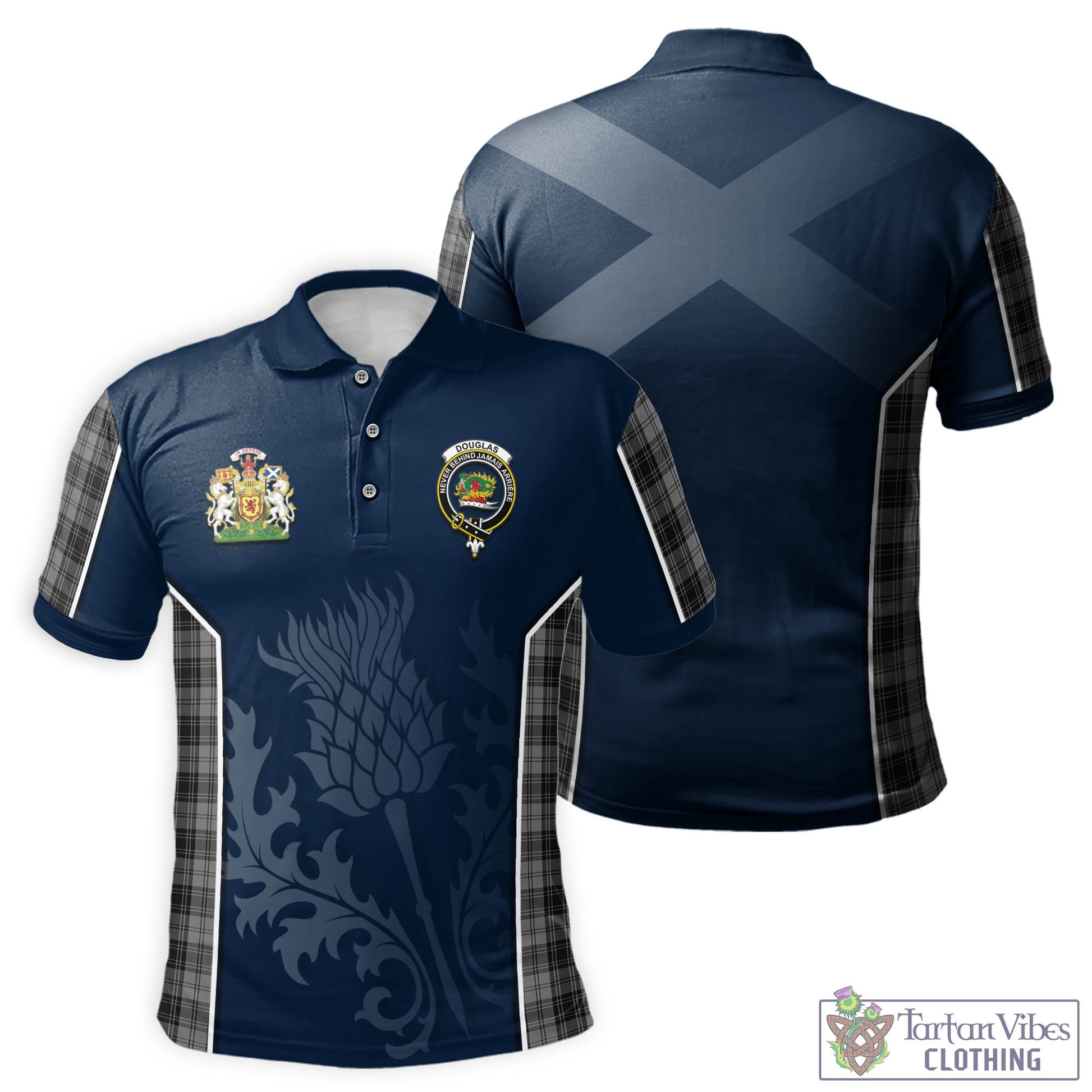 Tartan Vibes Clothing Douglas Grey Tartan Men's Polo Shirt with Family Crest and Scottish Thistle Vibes Sport Style