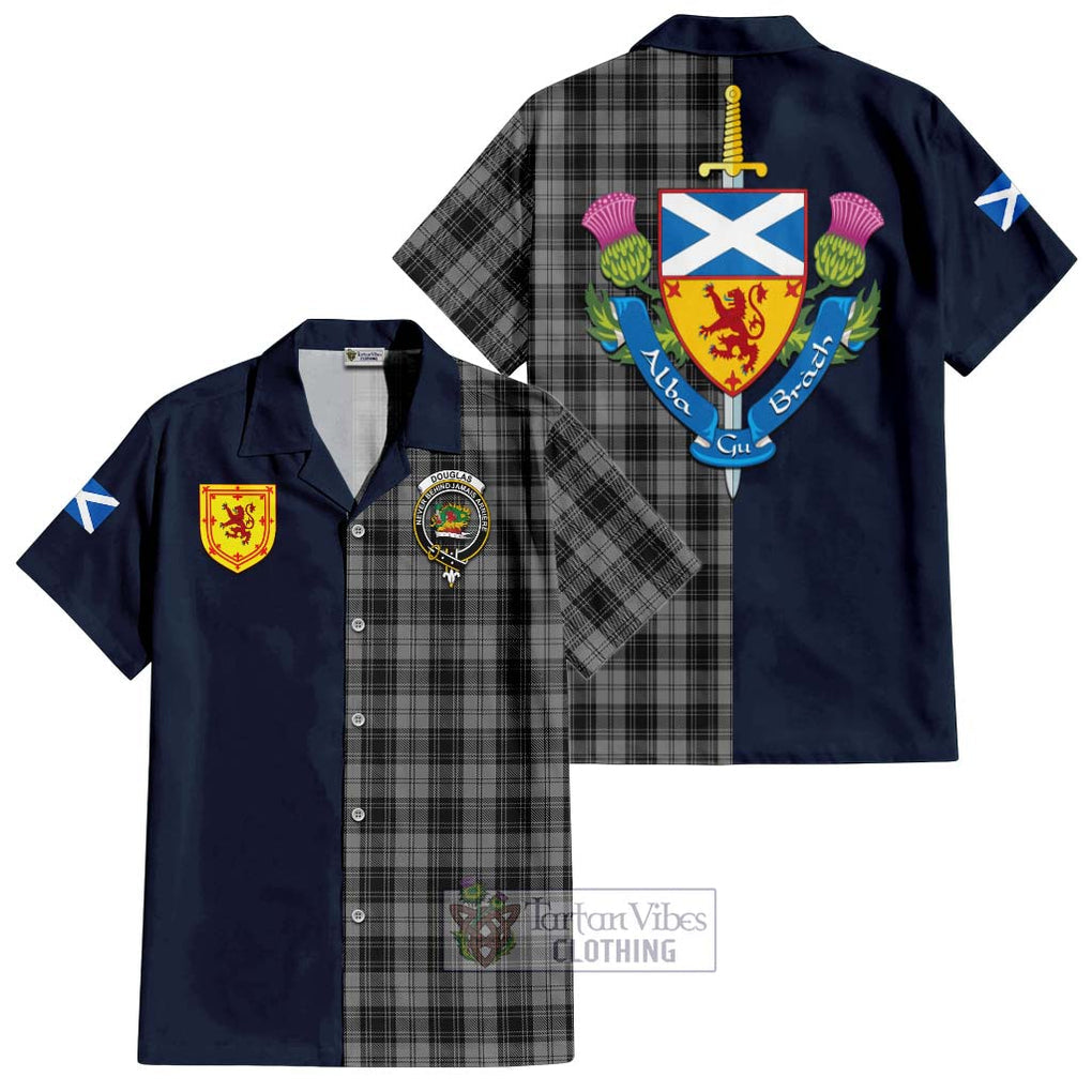 Tartan Vibes Clothing Douglas Grey Tartan Short Sleeve Button Shirt with Scottish Lion Royal Arm Half Style