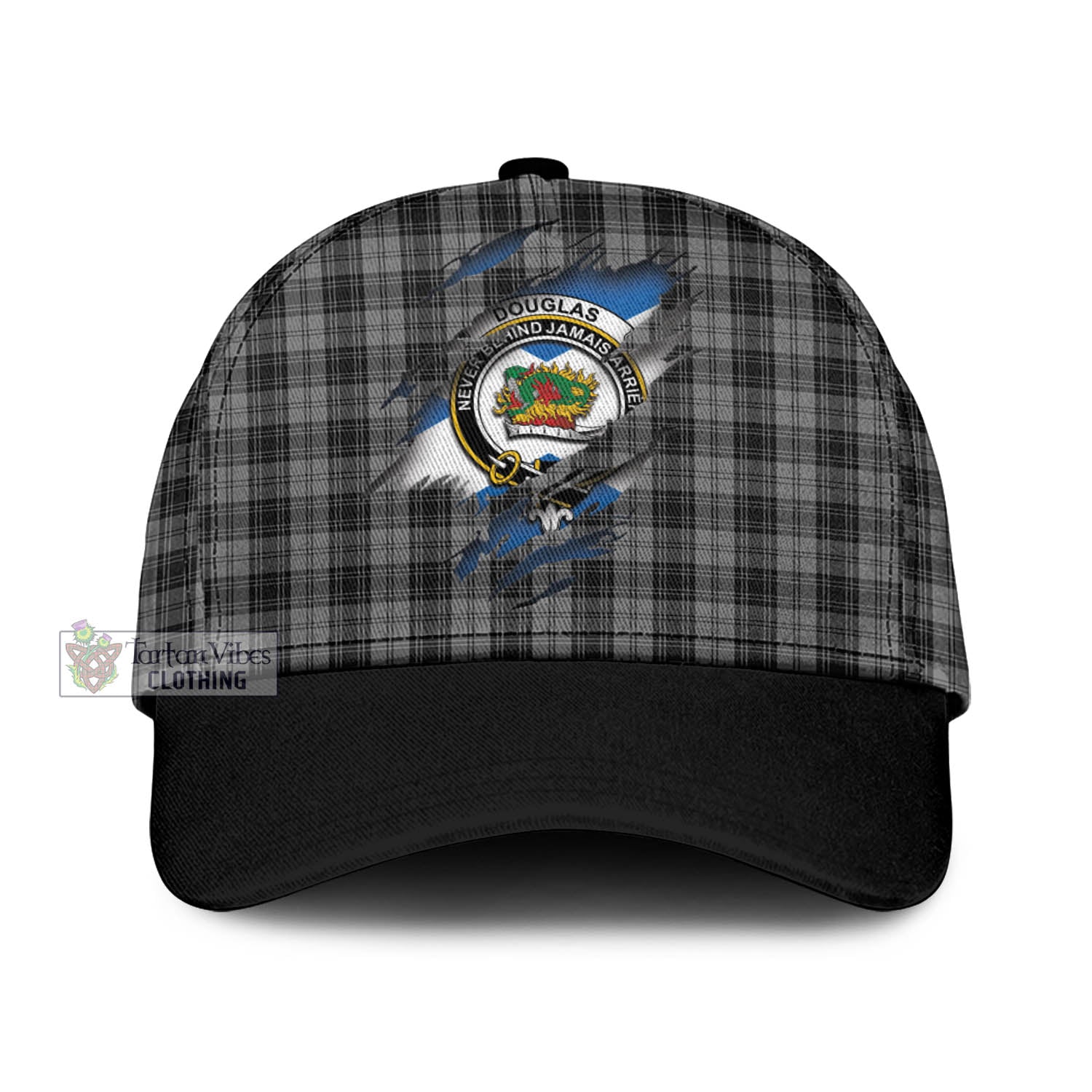 Tartan Vibes Clothing Douglas Grey Tartan Classic Cap with Family Crest In Me Style