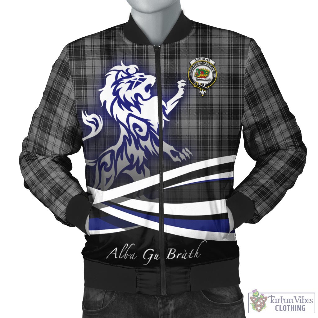 Tartan Vibes Clothing Douglas Grey Tartan Bomber Jacket with Alba Gu Brath Regal Lion Emblem