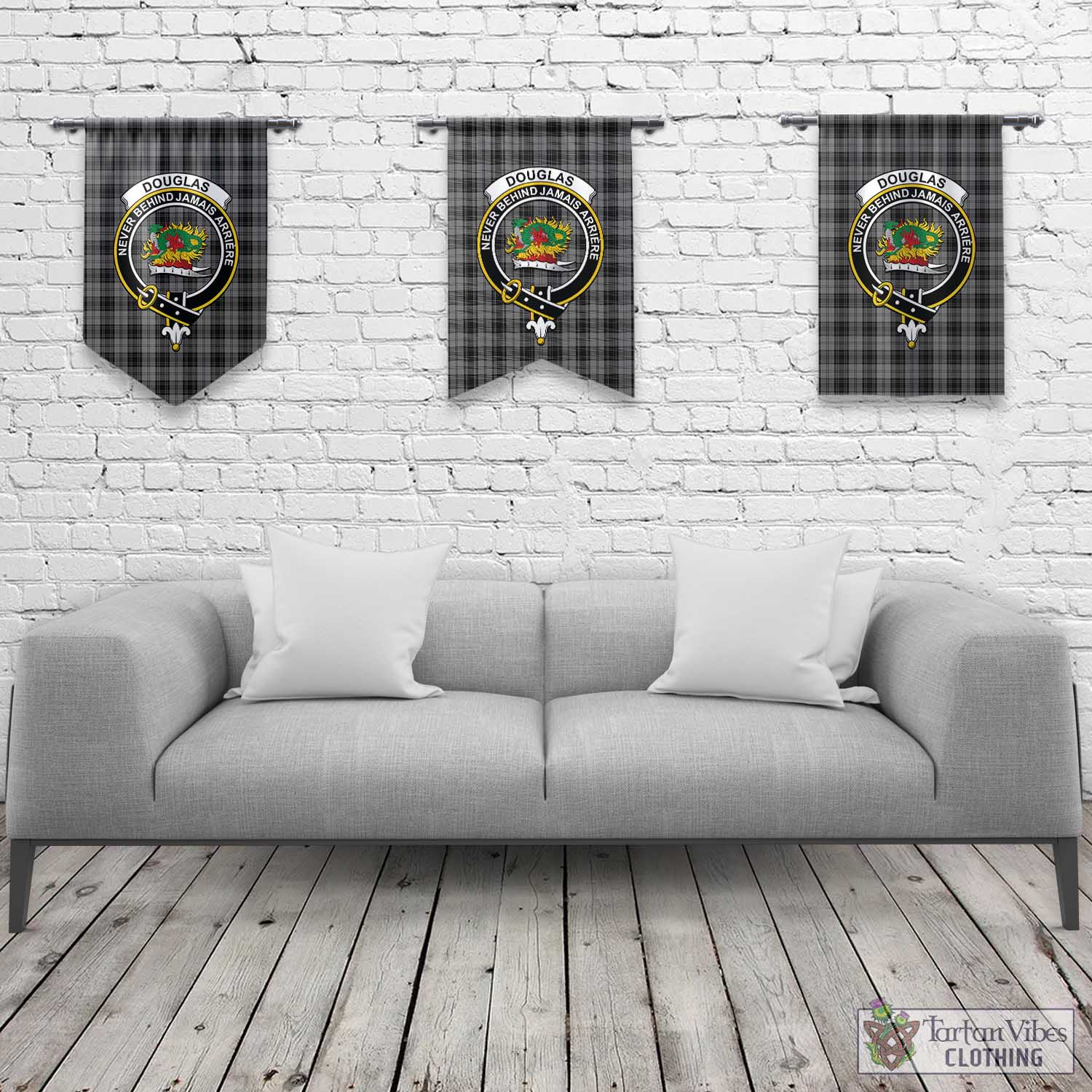 Tartan Vibes Clothing Douglas Grey Tartan Gonfalon, Tartan Banner with Family Crest