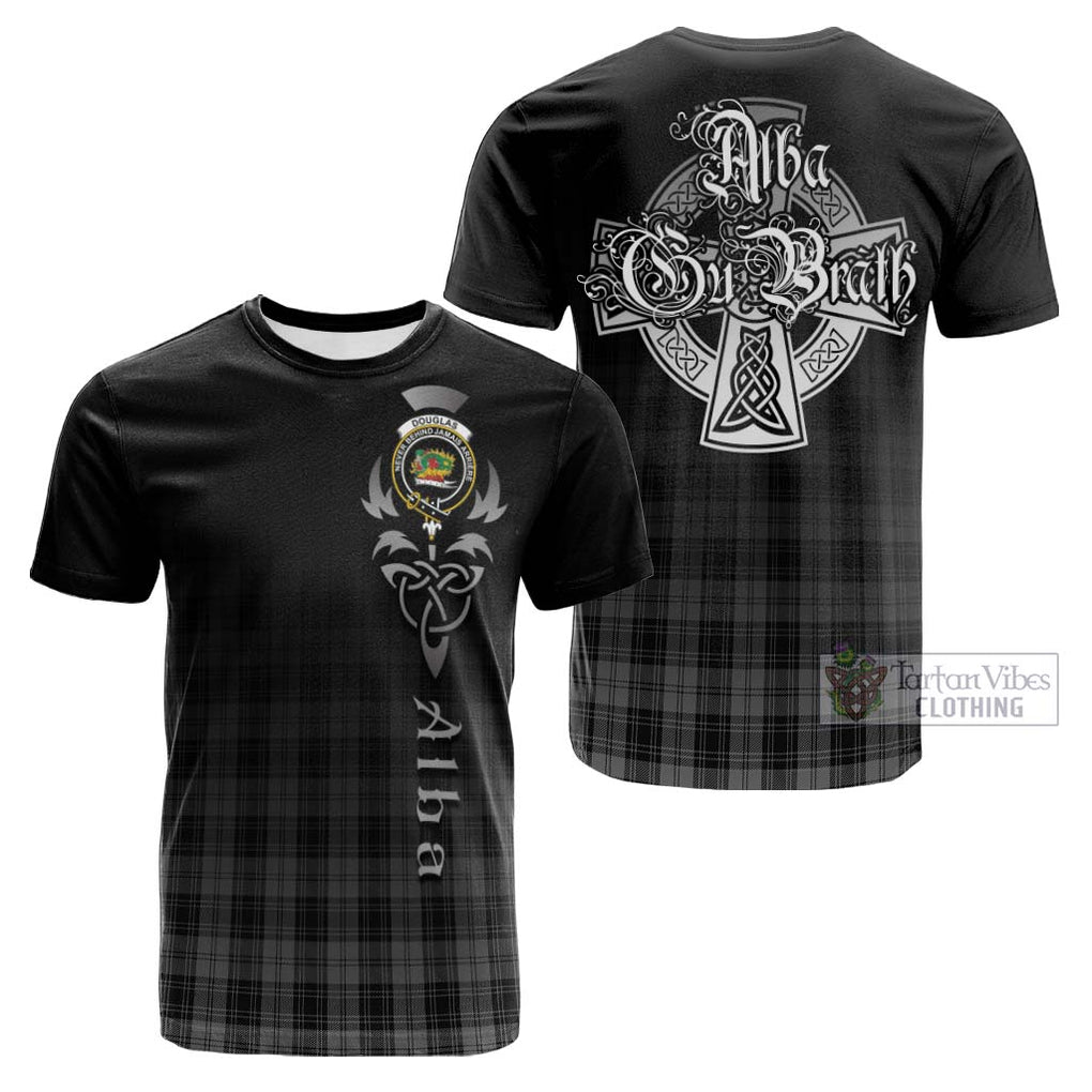 Tartan Vibes Clothing Douglas Grey Tartan Cotton T-shirt Featuring Alba Gu Brath Family Crest Celtic Inspired