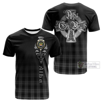 Douglas Grey Tartan Cotton T-shirt Featuring Alba Gu Brath Family Crest Celtic Inspired