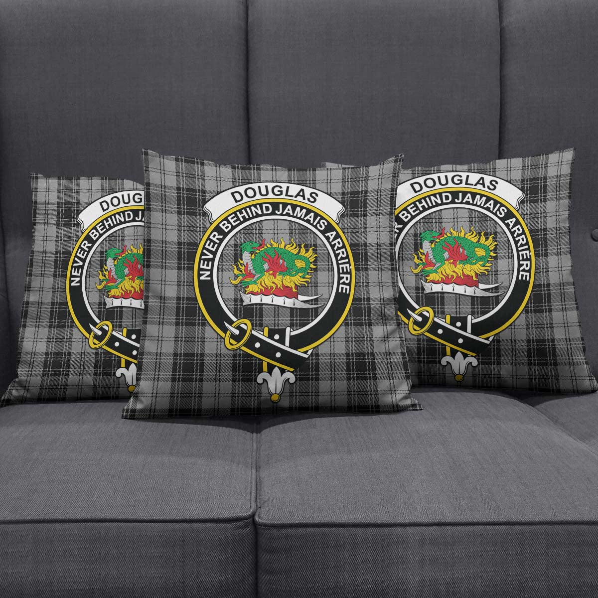 Douglas Grey Tartan Pillow Cover with Family Crest Square Pillow Cover - Tartanvibesclothing