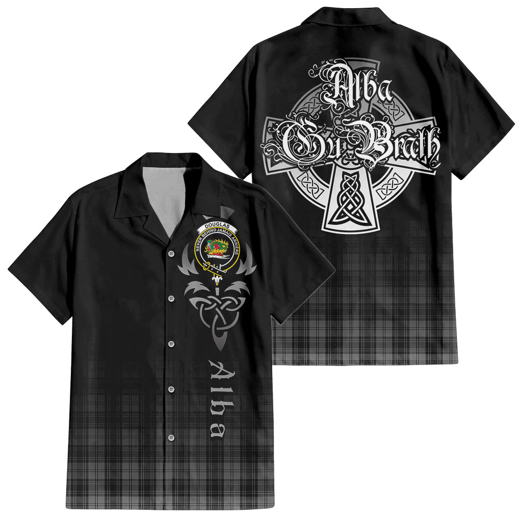 Tartan Vibes Clothing Douglas Grey Tartan Short Sleeve Button Up Featuring Alba Gu Brath Family Crest Celtic Inspired