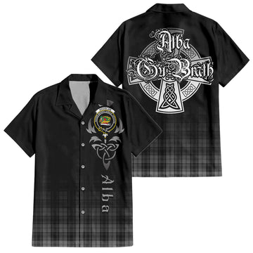 Douglas Grey Tartan Short Sleeve Button Up Shirt Featuring Alba Gu Brath Family Crest Celtic Inspired