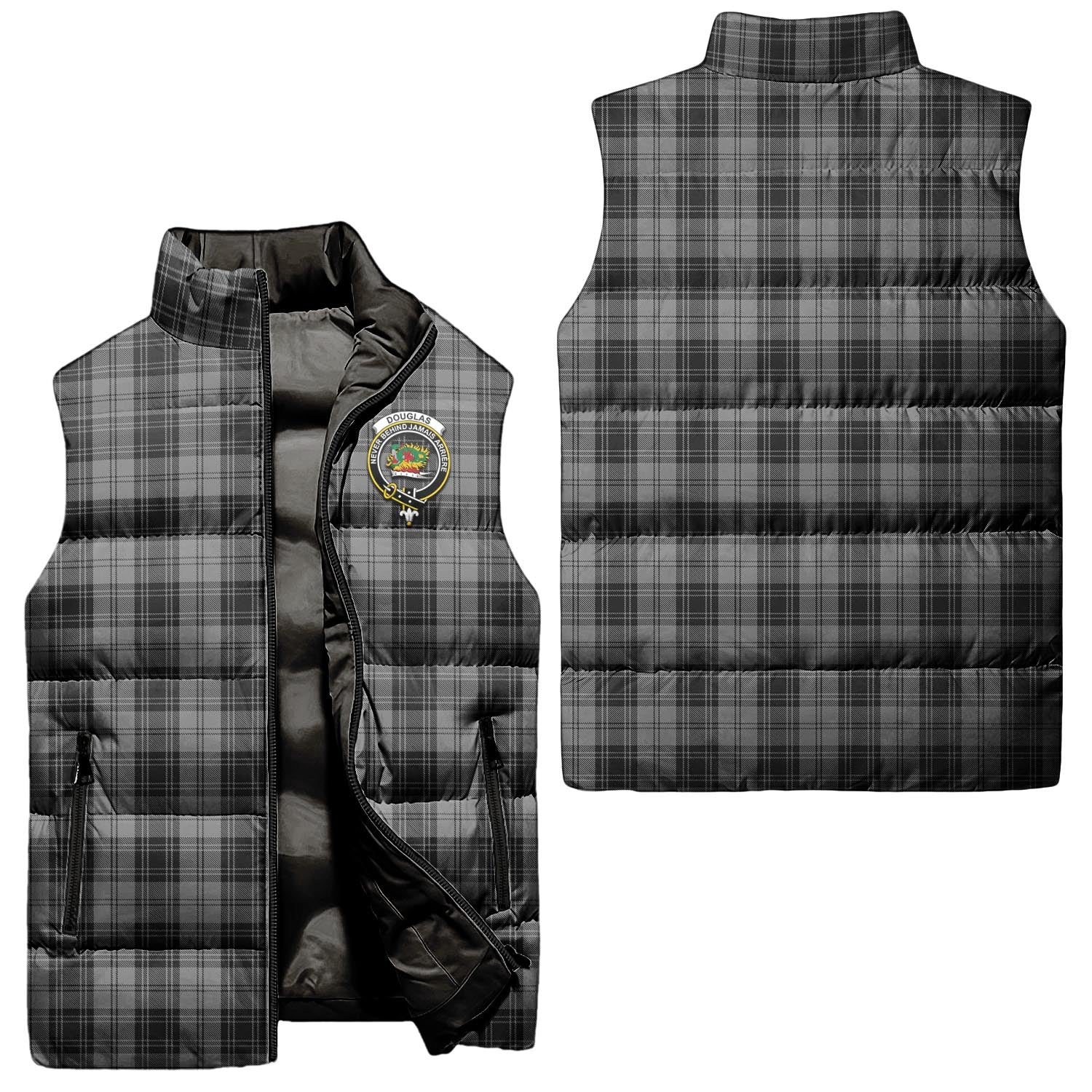 Douglas Grey Tartan Sleeveless Puffer Jacket with Family Crest Unisex - Tartanvibesclothing