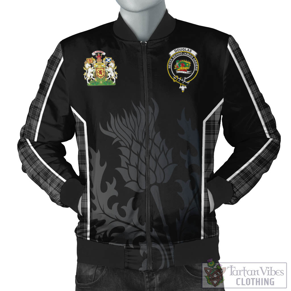 Tartan Vibes Clothing Douglas Grey Tartan Bomber Jacket with Family Crest and Scottish Thistle Vibes Sport Style