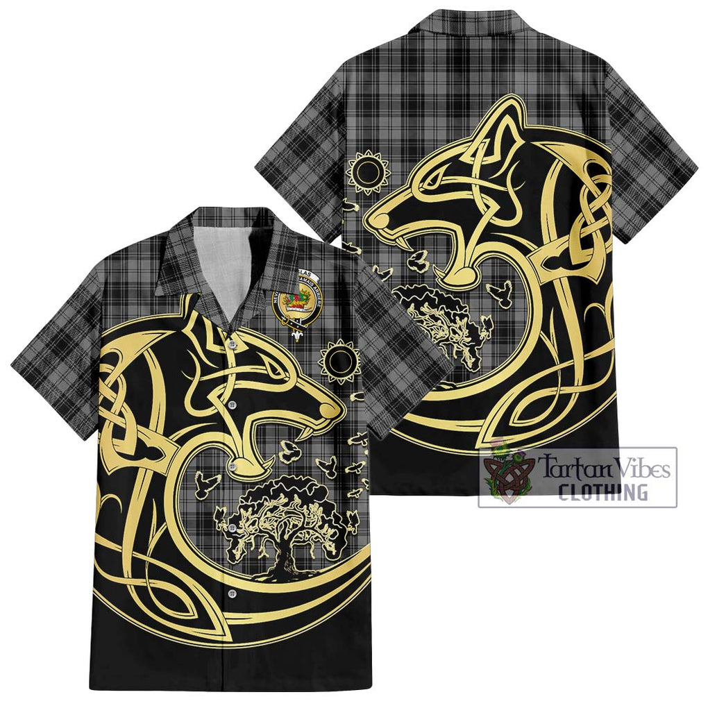 Douglas Grey Tartan Short Sleeve Button Shirt with Family Crest Celtic Wolf Style Kid - Tartan Vibes Clothing