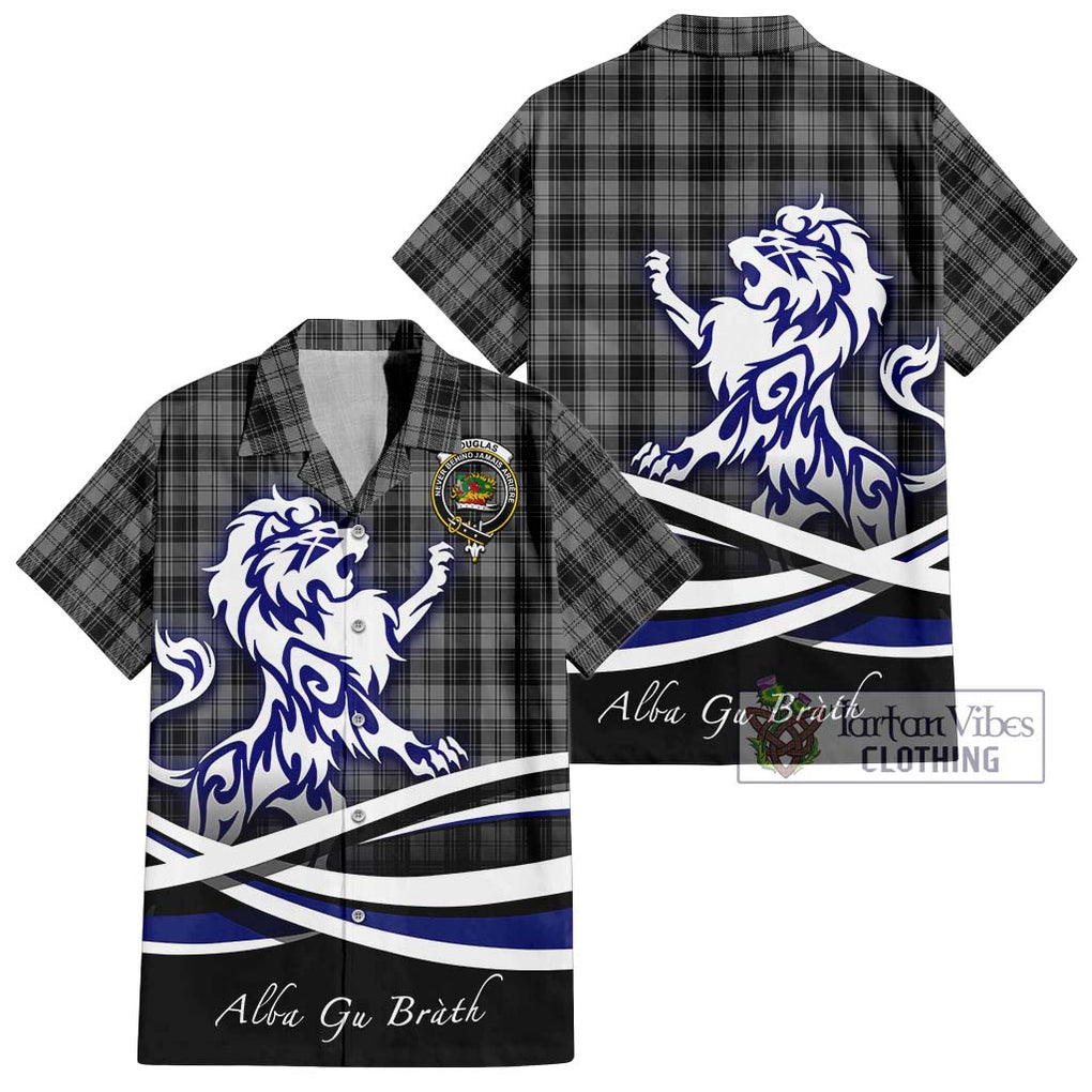 Douglas Grey Tartan Short Sleeve Button Shirt with Alba Gu Brath Regal Lion Emblem Kid - Tartanvibesclothing Shop