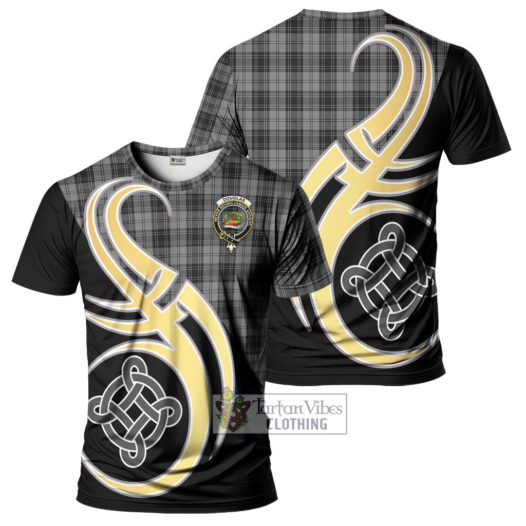 Tartan Vibes Clothing Douglas Grey Tartan T-Shirt with Family Crest and Celtic Symbol Style