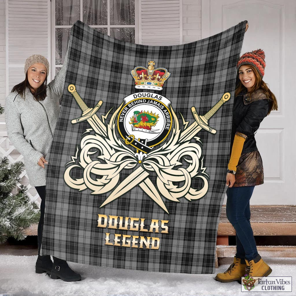 Tartan Vibes Clothing Douglas Grey Tartan Blanket with Clan Crest and the Golden Sword of Courageous Legacy