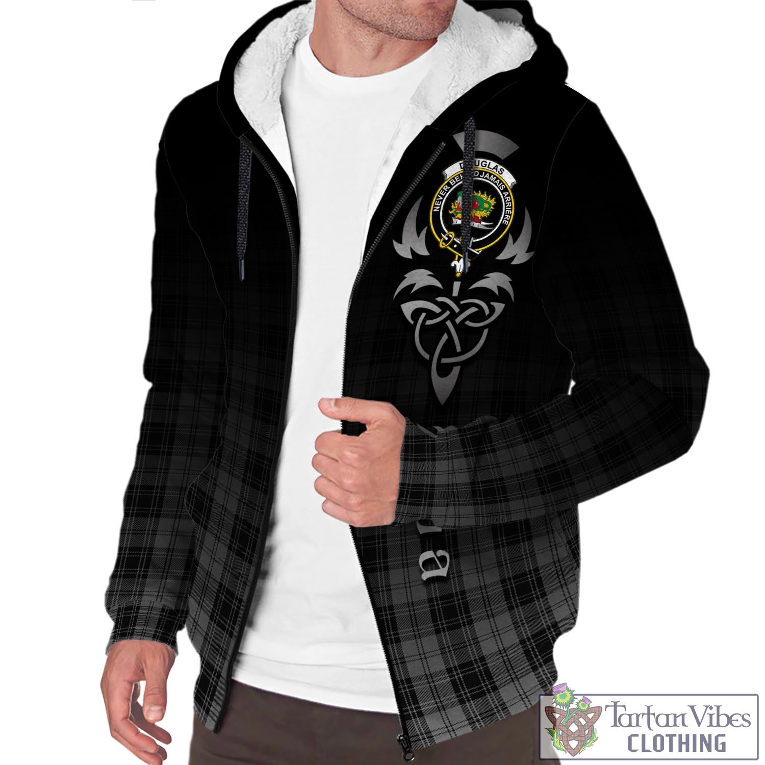 Tartan Vibes Clothing Douglas Grey Tartan Sherpa Hoodie Featuring Alba Gu Brath Family Crest Celtic Inspired