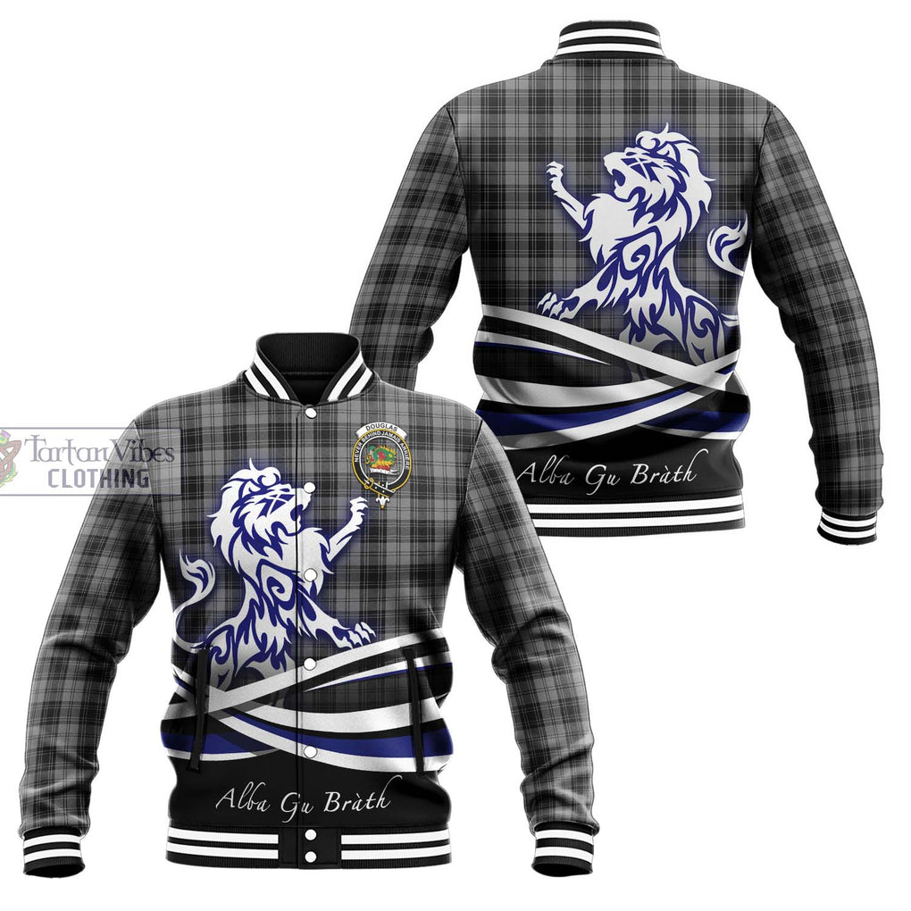 Douglas Grey Tartan Baseball Jacket with Alba Gu Brath Regal Lion Emblem Unisex - Tartanvibesclothing Shop