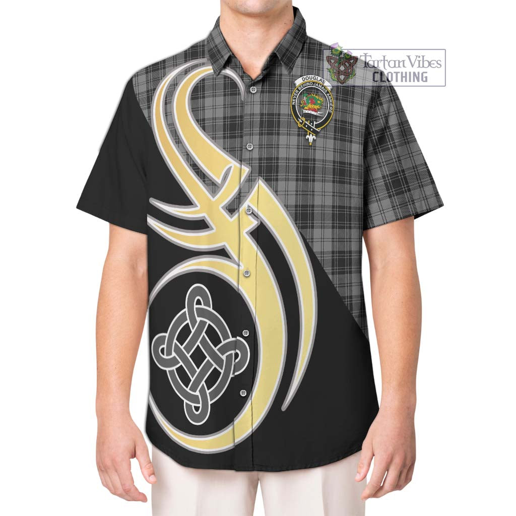 Douglas Grey Tartan Short Sleeve Button Shirt with Family Crest and Celtic Symbol Style Kid - Tartan Vibes Clothing