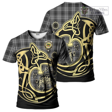 Douglas Grey Tartan T-Shirt with Family Crest Celtic Wolf Style