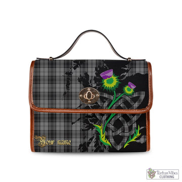 Douglas Grey Tartan Waterproof Canvas Bag with Scotland Map and Thistle Celtic Accents