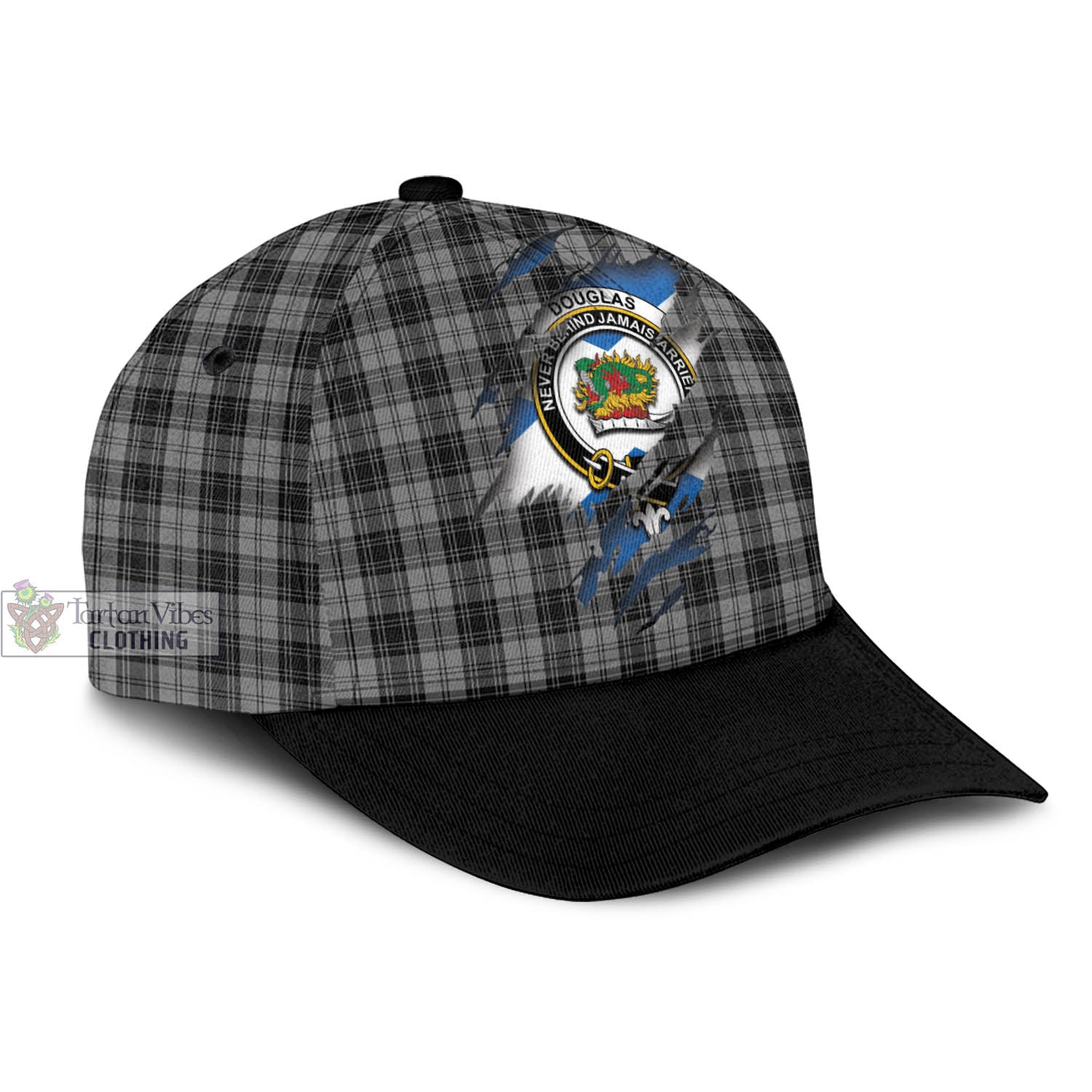 Tartan Vibes Clothing Douglas Grey Tartan Classic Cap with Family Crest In Me Style