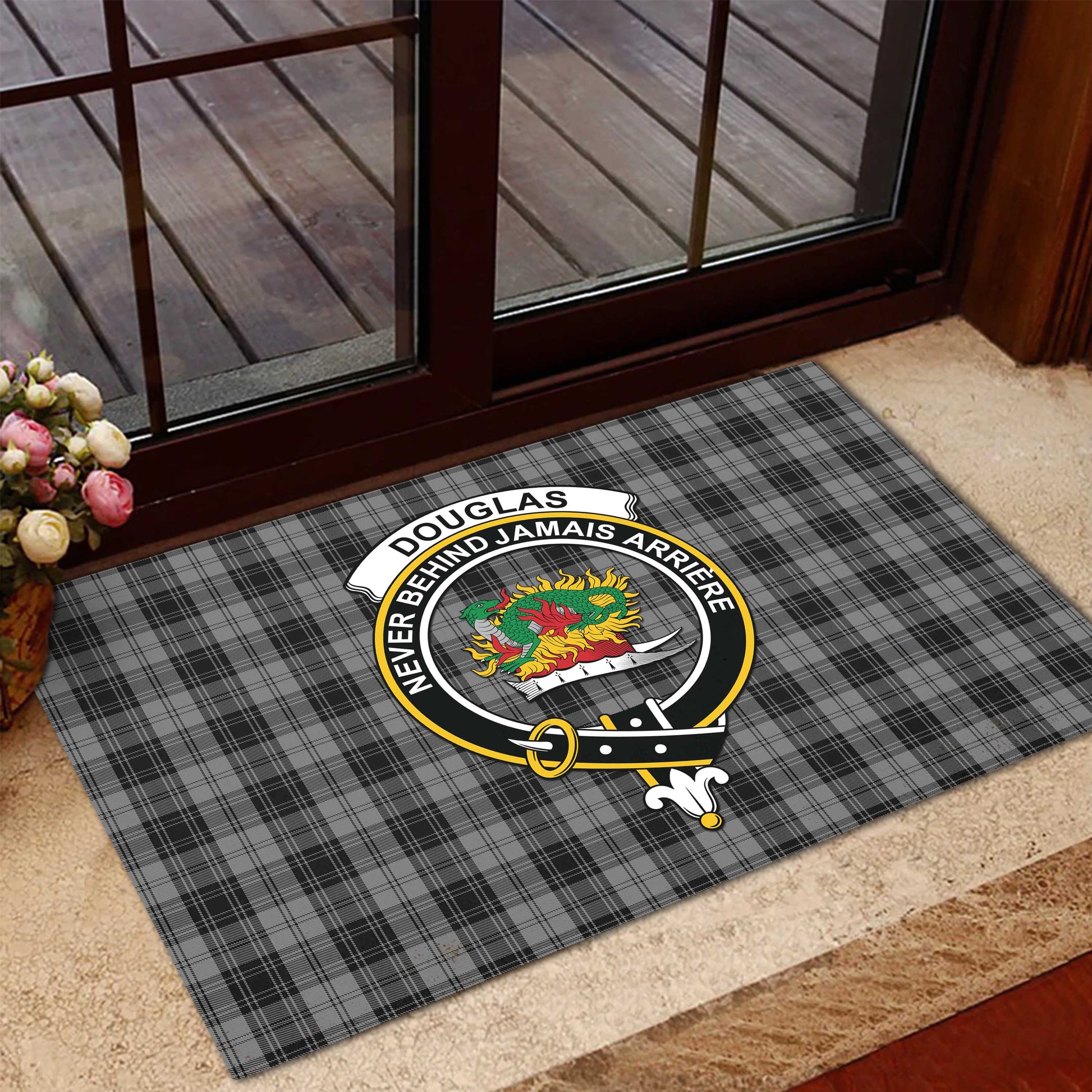 Douglas Grey Tartan Door Mat with Family Crest - Tartanvibesclothing