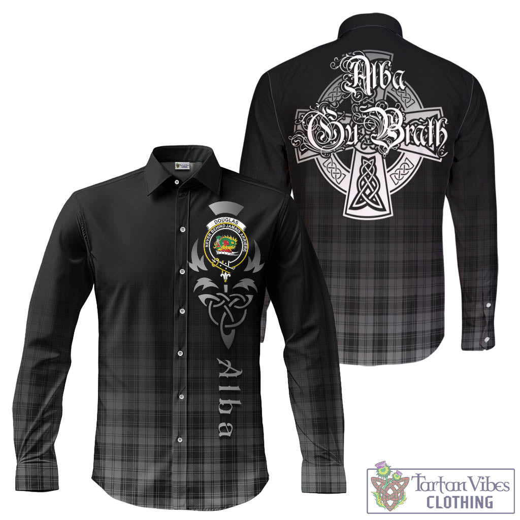 Tartan Vibes Clothing Douglas Grey Tartan Long Sleeve Button Up Featuring Alba Gu Brath Family Crest Celtic Inspired