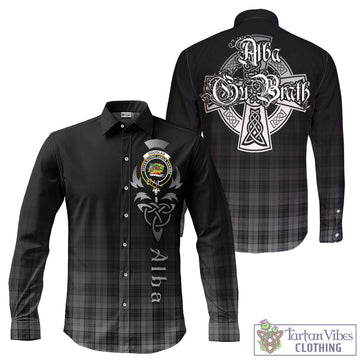 Douglas Grey Tartan Long Sleeve Button Up Featuring Alba Gu Brath Family Crest Celtic Inspired