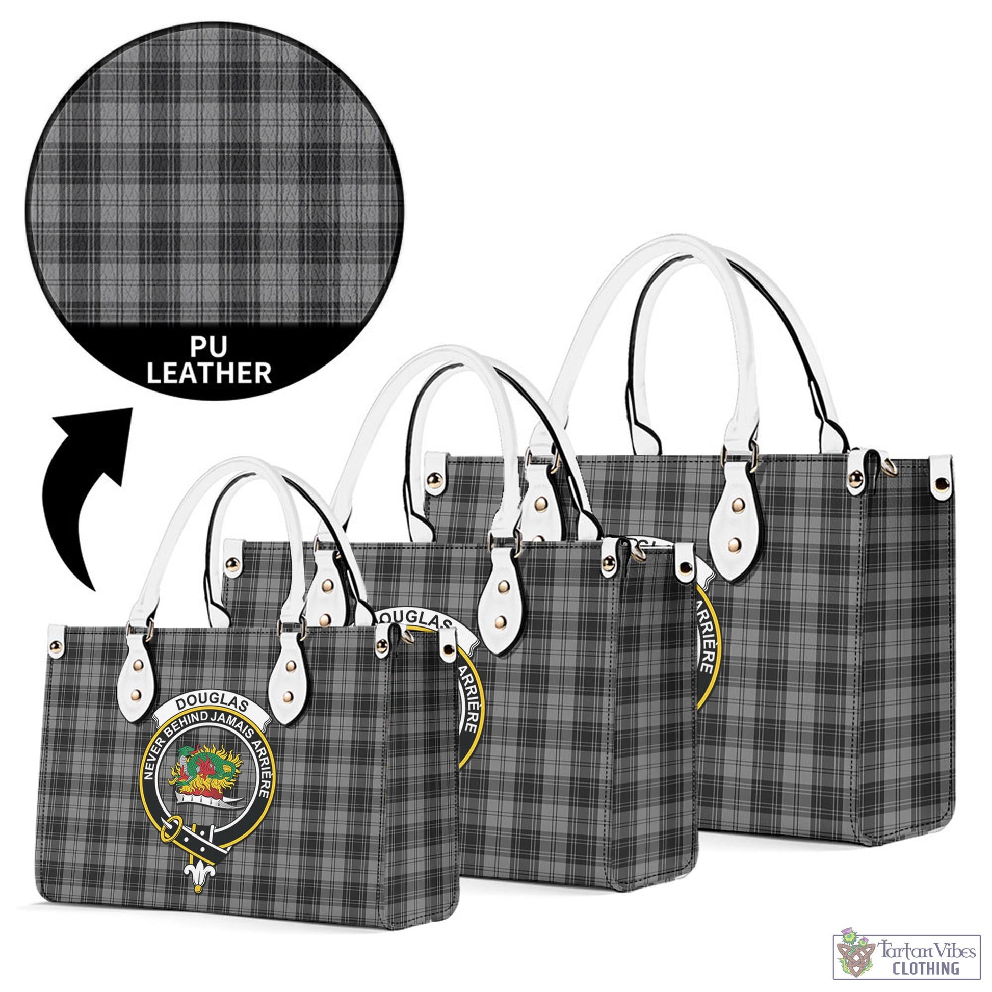 Tartan Vibes Clothing Douglas Grey Tartan Luxury Leather Handbags with Family Crest