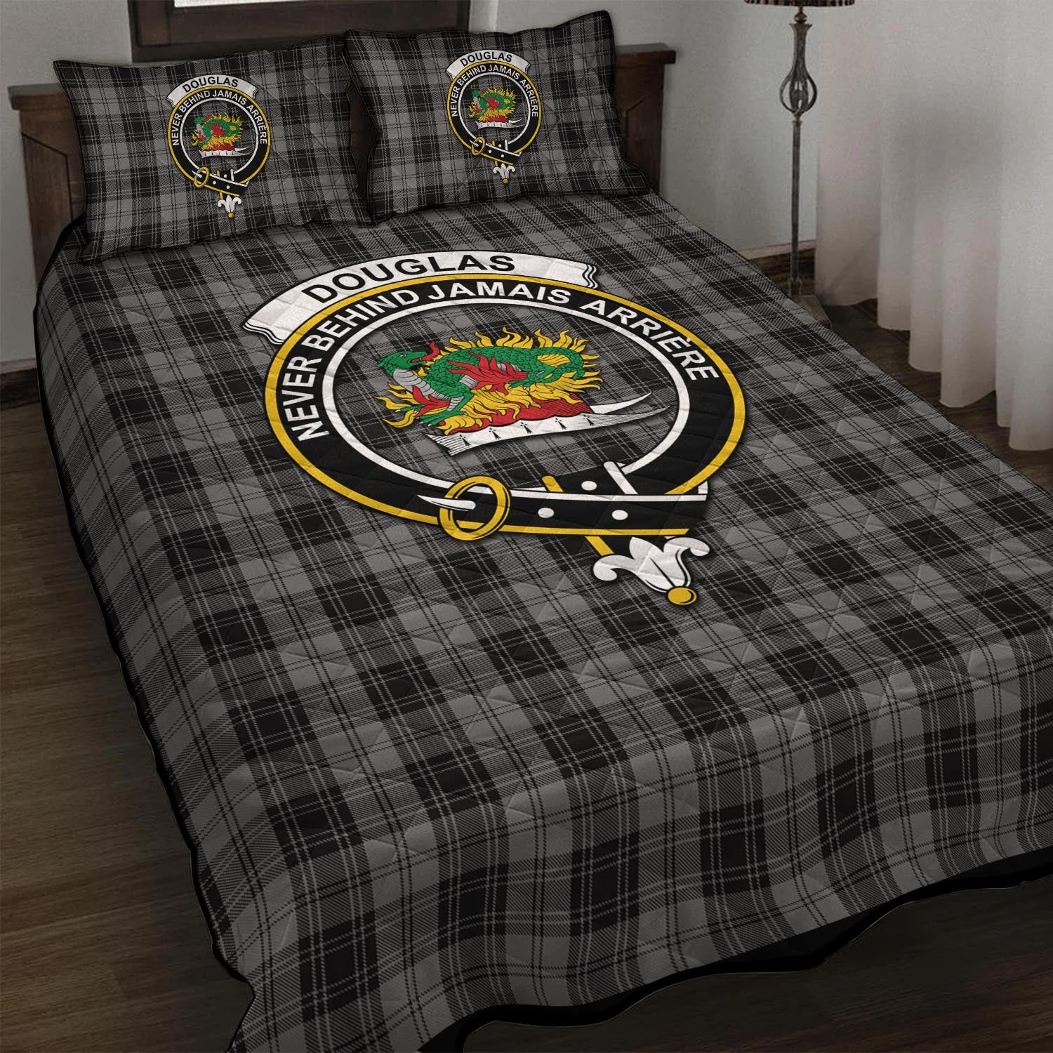 Douglas Grey Tartan Quilt Bed Set with Family Crest - Tartan Vibes Clothing