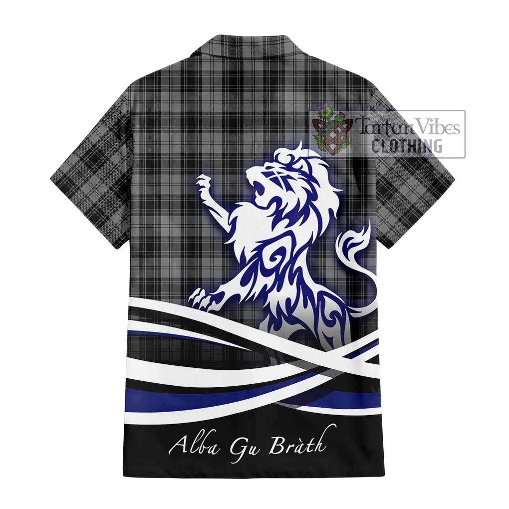 Douglas Grey Tartan Short Sleeve Button Shirt with Alba Gu Brath Regal Lion Emblem - Tartanvibesclothing Shop