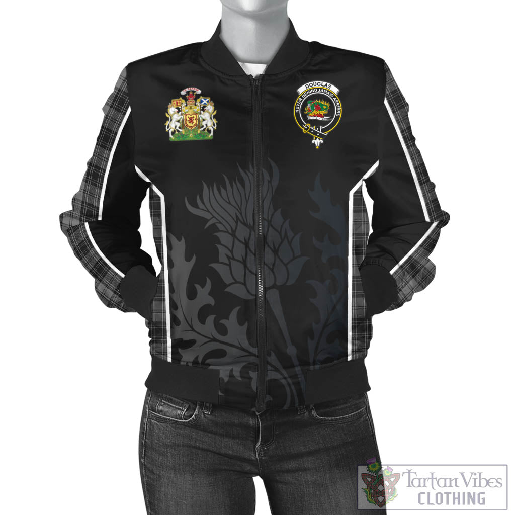 Tartan Vibes Clothing Douglas Grey Tartan Bomber Jacket with Family Crest and Scottish Thistle Vibes Sport Style