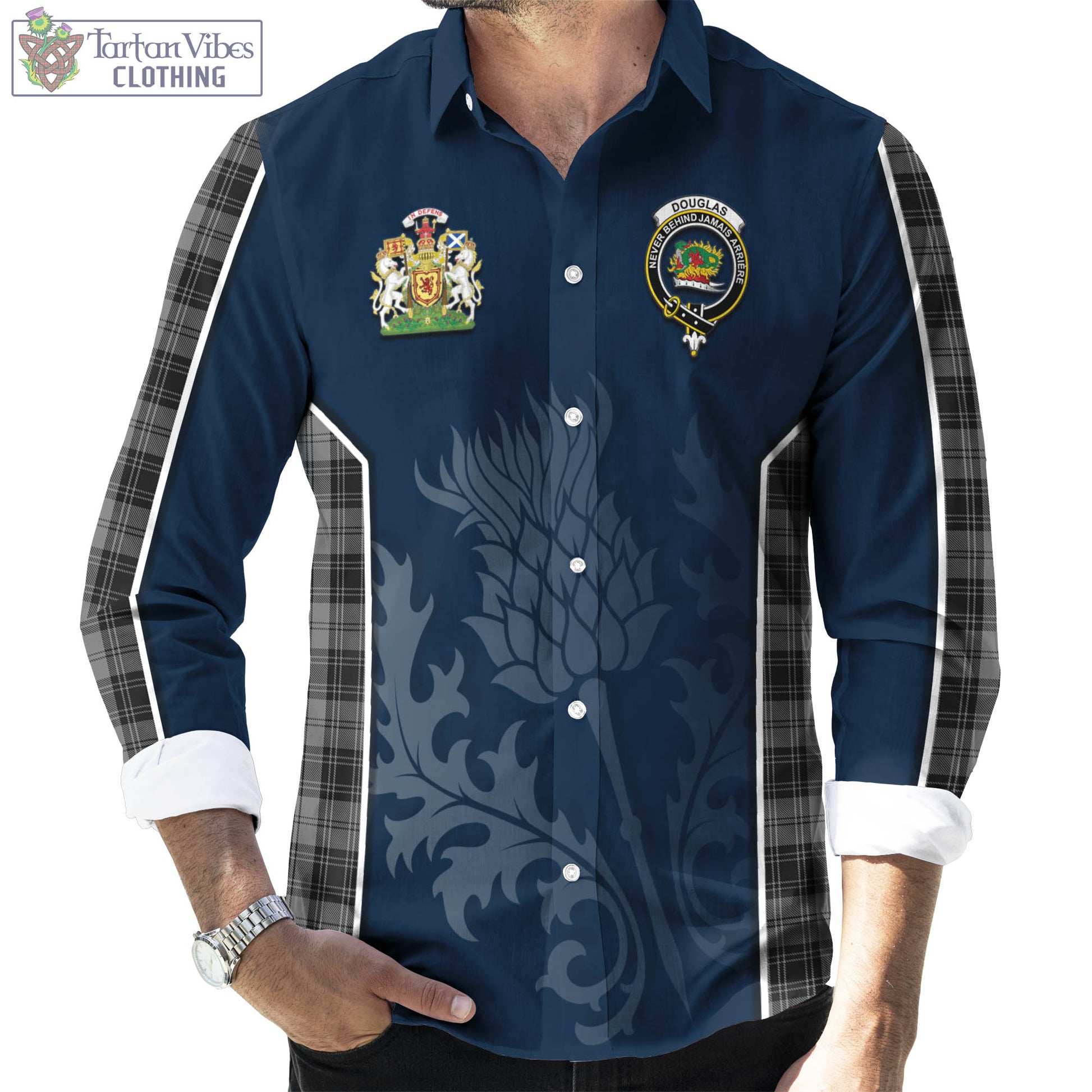 Tartan Vibes Clothing Douglas Grey Tartan Long Sleeve Button Up Shirt with Family Crest and Scottish Thistle Vibes Sport Style