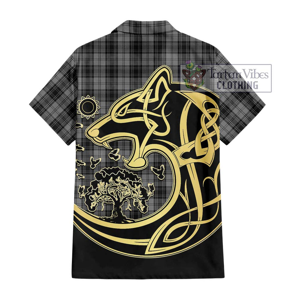 Douglas Grey Tartan Short Sleeve Button Shirt with Family Crest Celtic Wolf Style - Tartan Vibes Clothing