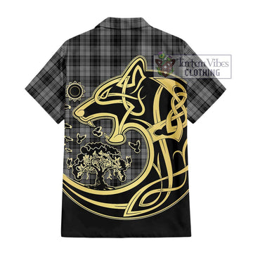 Douglas Grey Tartan Short Sleeve Button Shirt with Family Crest Celtic Wolf Style