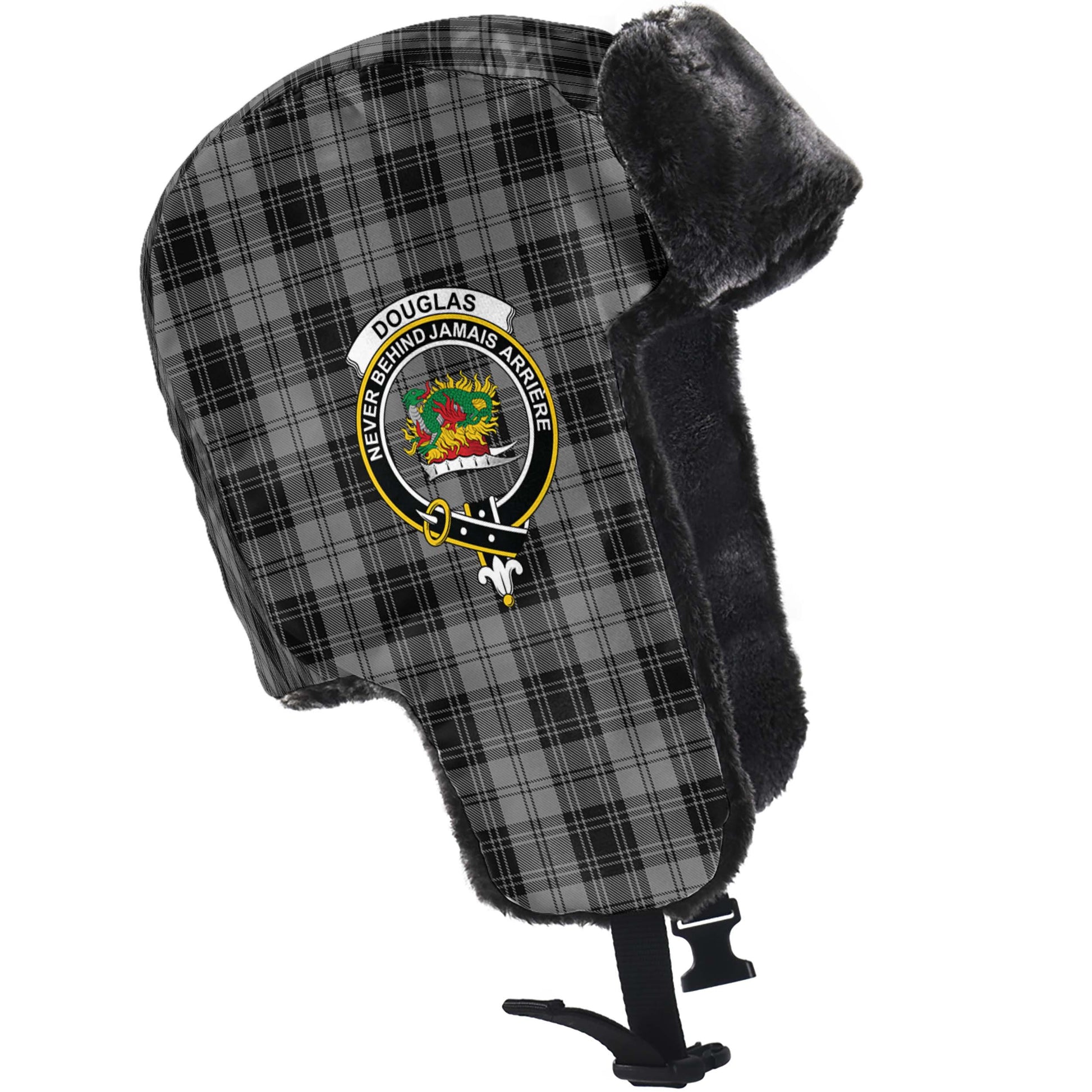 Douglas Grey Tartan Winter Trapper Hat with Family Crest - Tartanvibesclothing