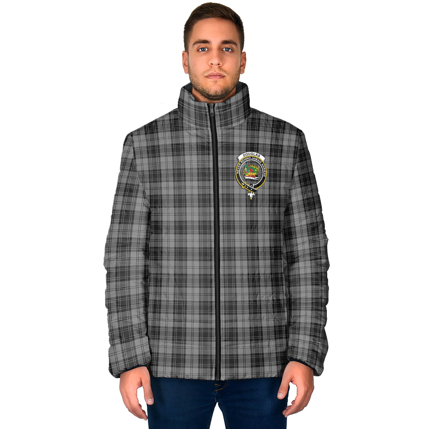 Douglas Grey Tartan Padded Jacket with Family Crest - Tartan Vibes Clothing