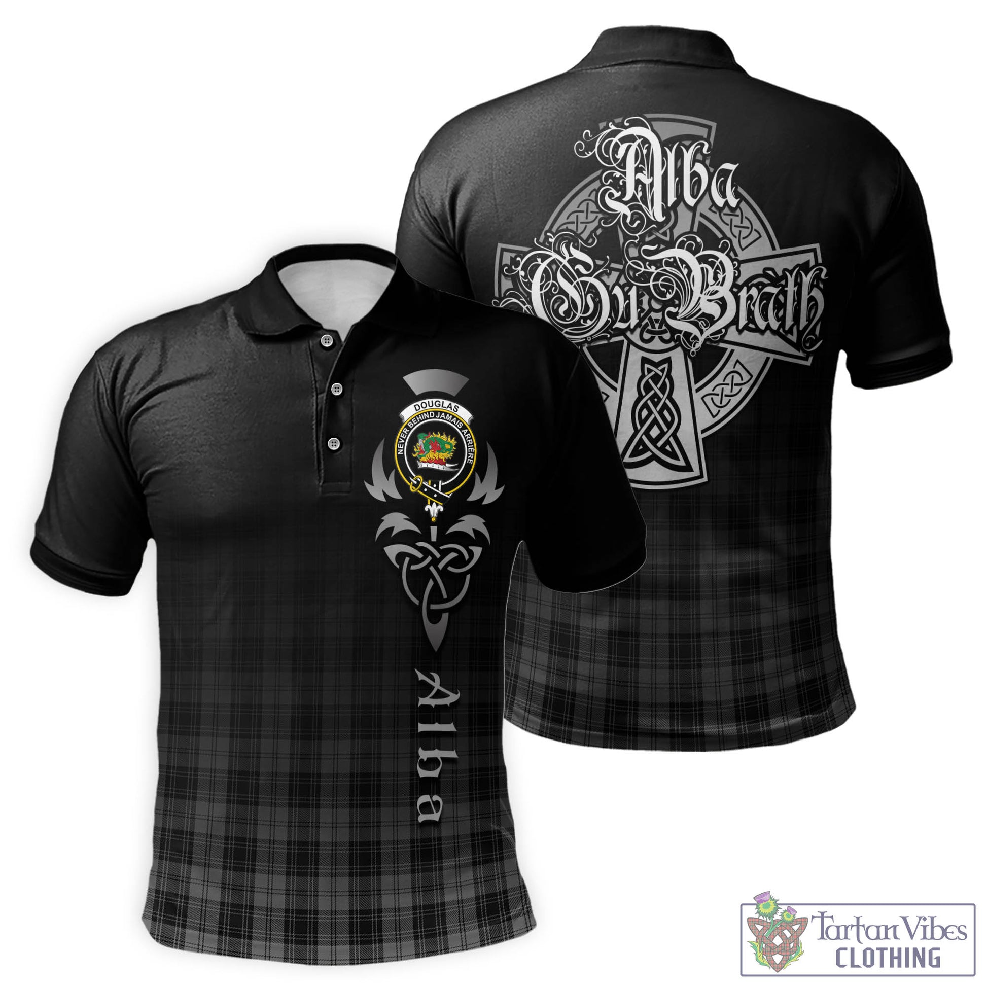 Tartan Vibes Clothing Douglas Grey Tartan Polo Shirt Featuring Alba Gu Brath Family Crest Celtic Inspired