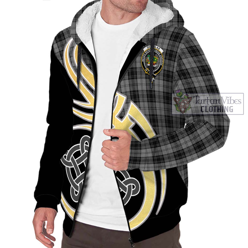 Douglas Grey Tartan Sherpa Hoodie with Family Crest and Celtic Symbol Style - Tartan Vibes Clothing