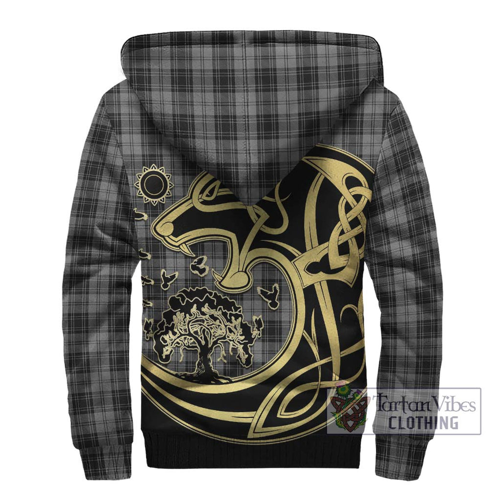 Douglas Grey Tartan Sherpa Hoodie with Family Crest Celtic Wolf Style - Tartan Vibes Clothing