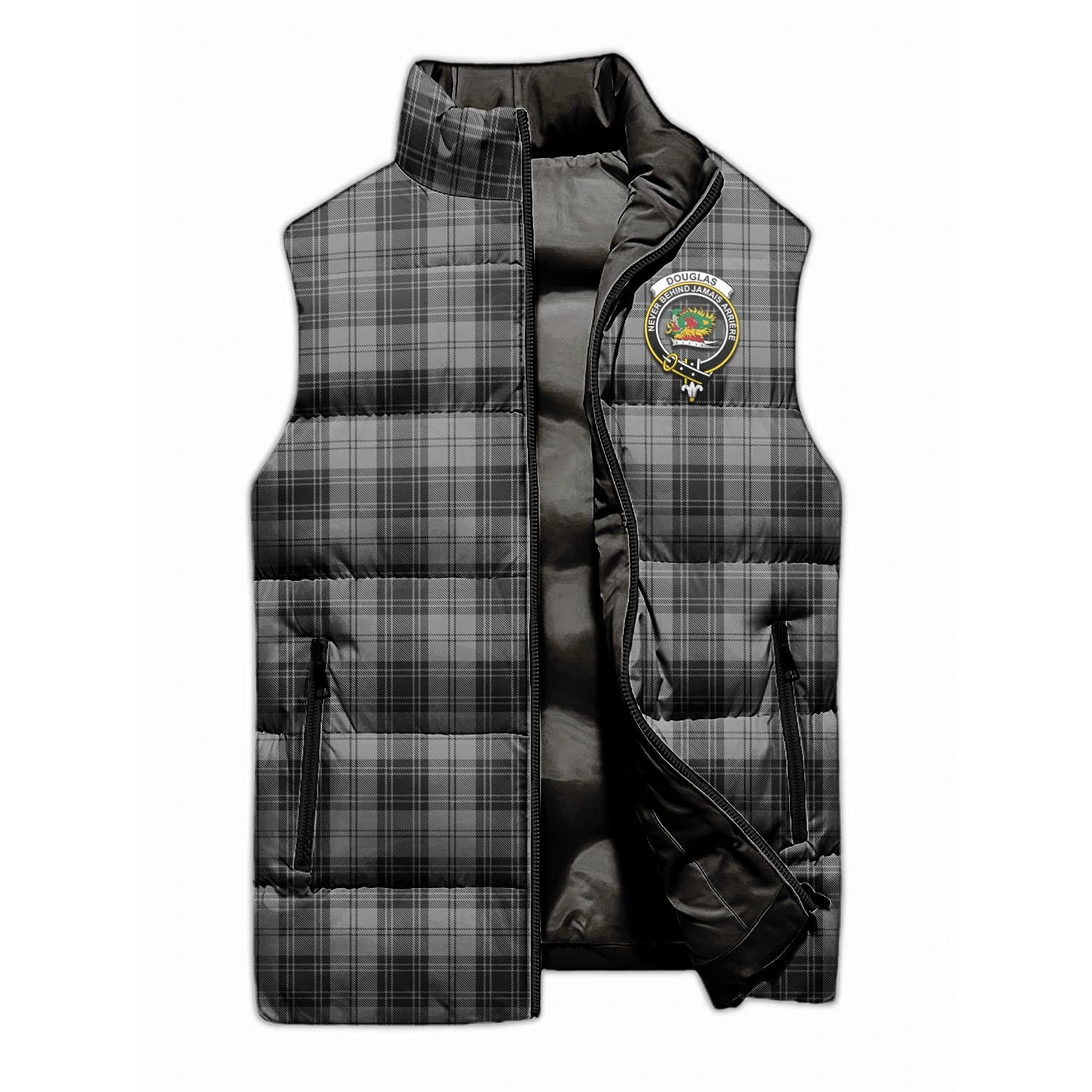 Douglas Grey Tartan Sleeveless Puffer Jacket with Family Crest - Tartanvibesclothing