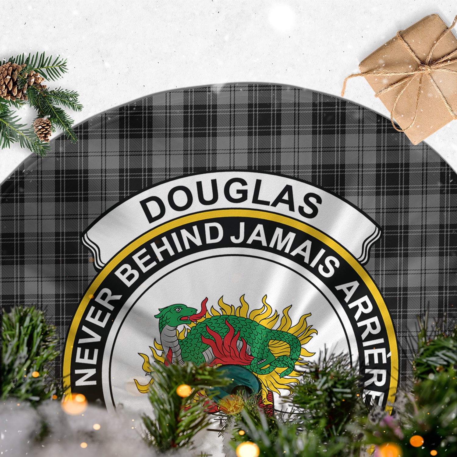 Douglas Grey Tartan Christmas Tree Skirt with Family Crest - Tartanvibesclothing