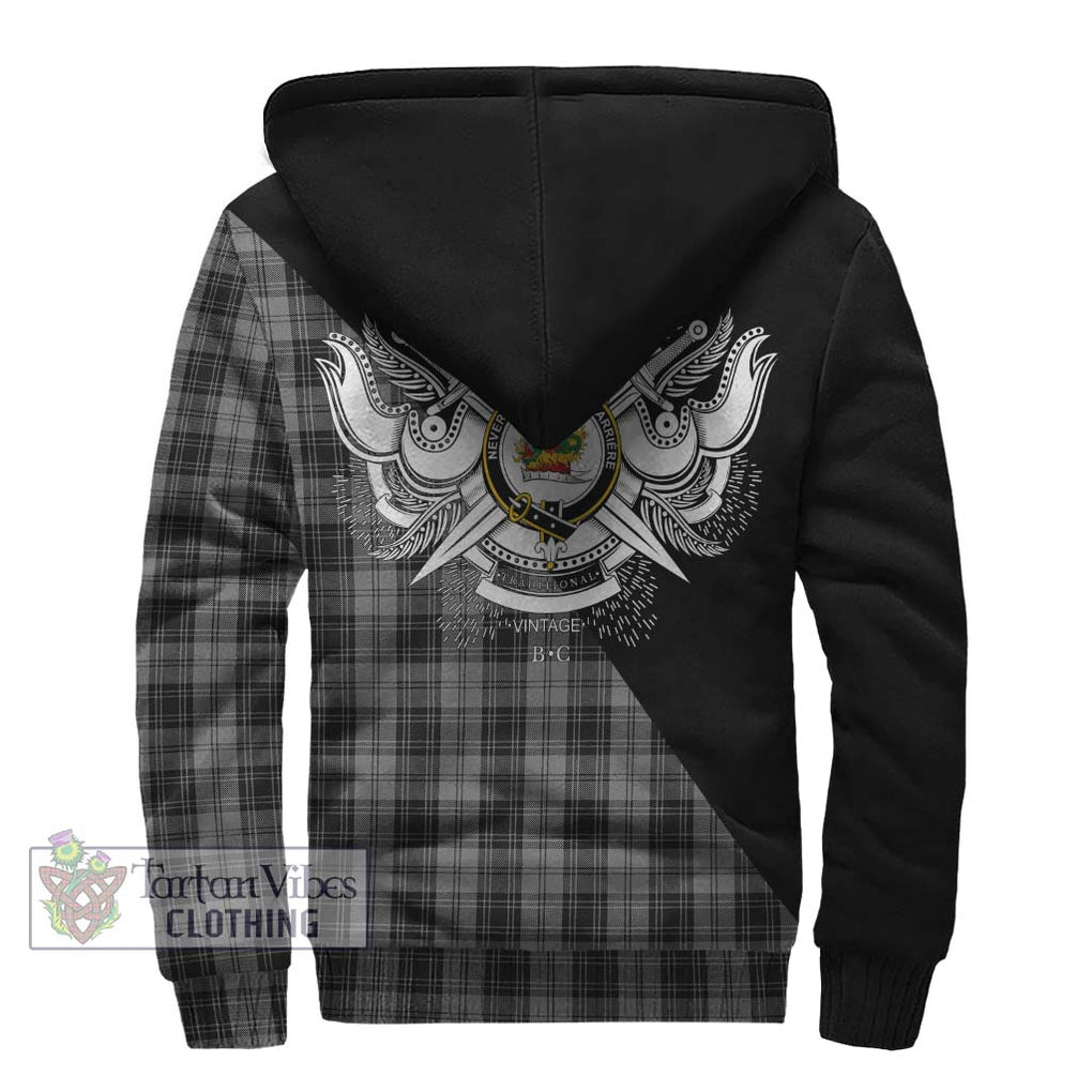 Douglas Grey Tartan Sherpa Hoodie with Family Crest and Military Logo Style - Tartanvibesclothing Shop