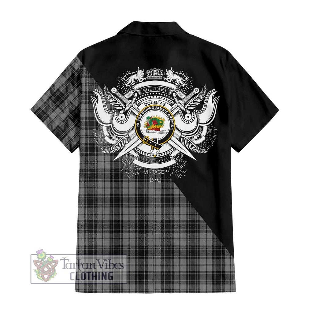 Douglas Grey Tartan Short Sleeve Button Shirt with Family Crest and Military Logo Style - Tartanvibesclothing Shop