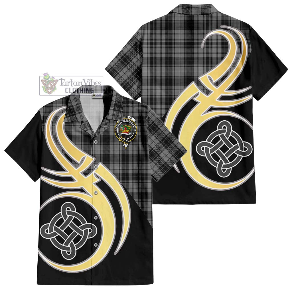 Douglas Grey Tartan Short Sleeve Button Shirt with Family Crest and Celtic Symbol Style - Tartan Vibes Clothing