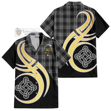 Douglas Grey Tartan Short Sleeve Button Shirt with Family Crest and Celtic Symbol Style