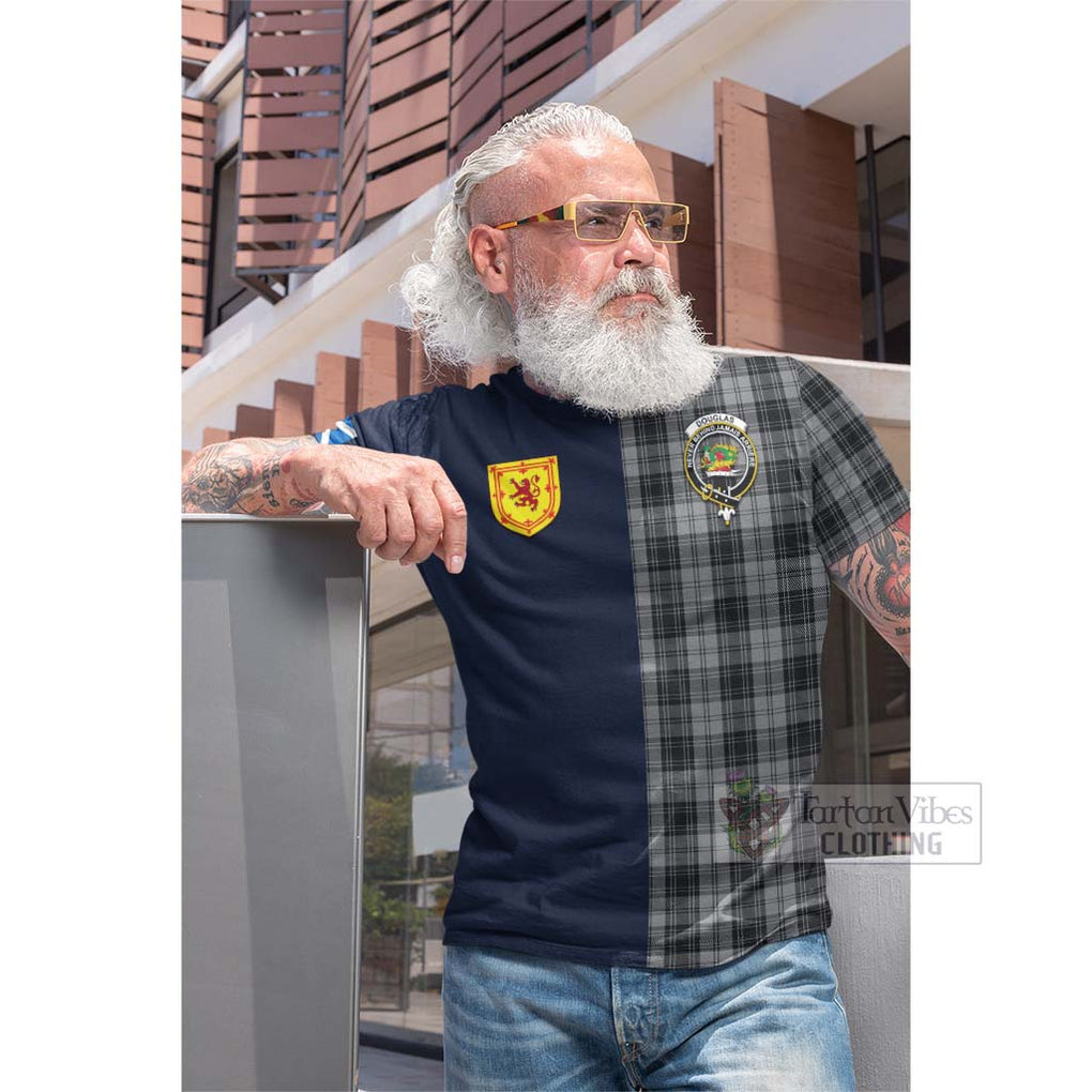 Tartan Vibes Clothing Douglas Grey Tartan Cotton T-shirt with Scottish Lion Royal Arm Half Style