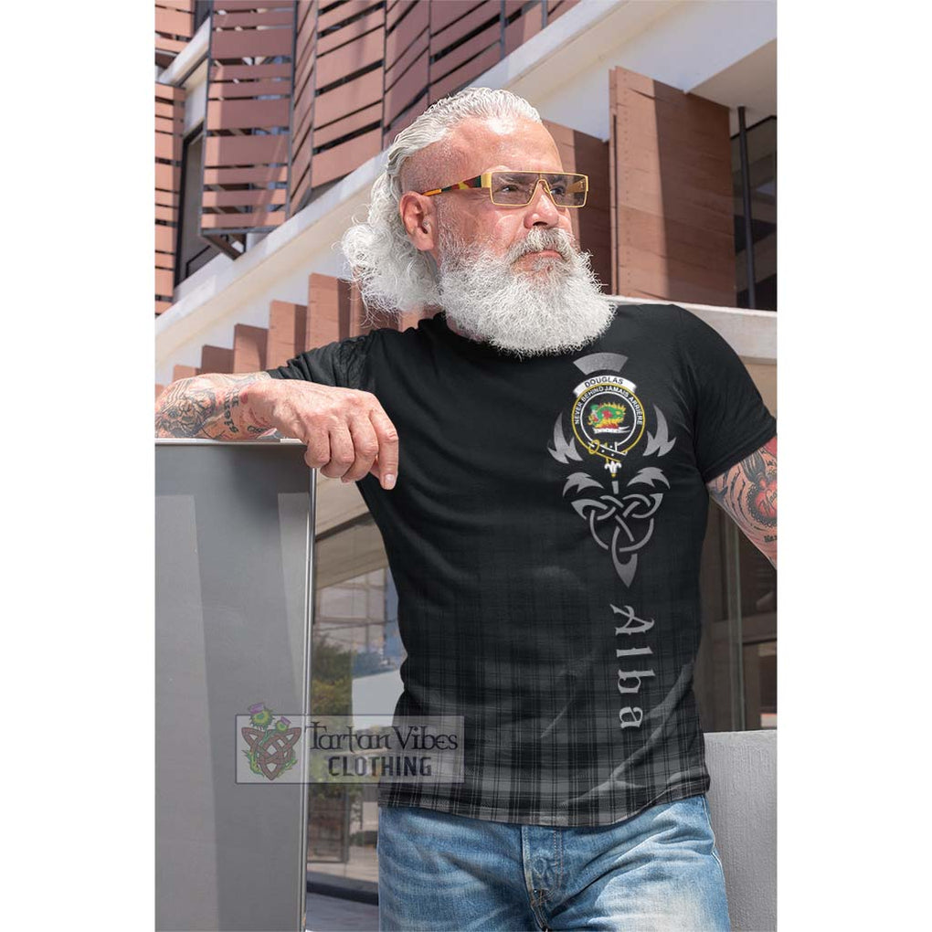 Tartan Vibes Clothing Douglas Grey Tartan Cotton T-shirt Featuring Alba Gu Brath Family Crest Celtic Inspired