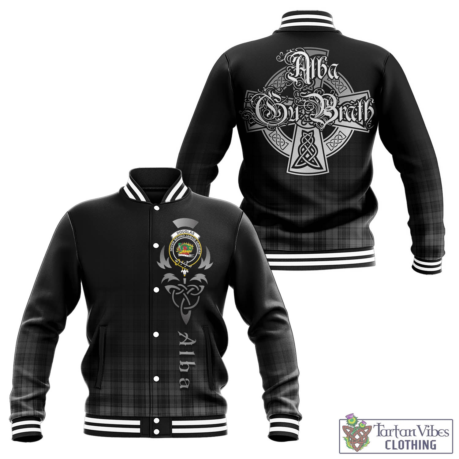 Tartan Vibes Clothing Douglas Grey Tartan Baseball Jacket Featuring Alba Gu Brath Family Crest Celtic Inspired