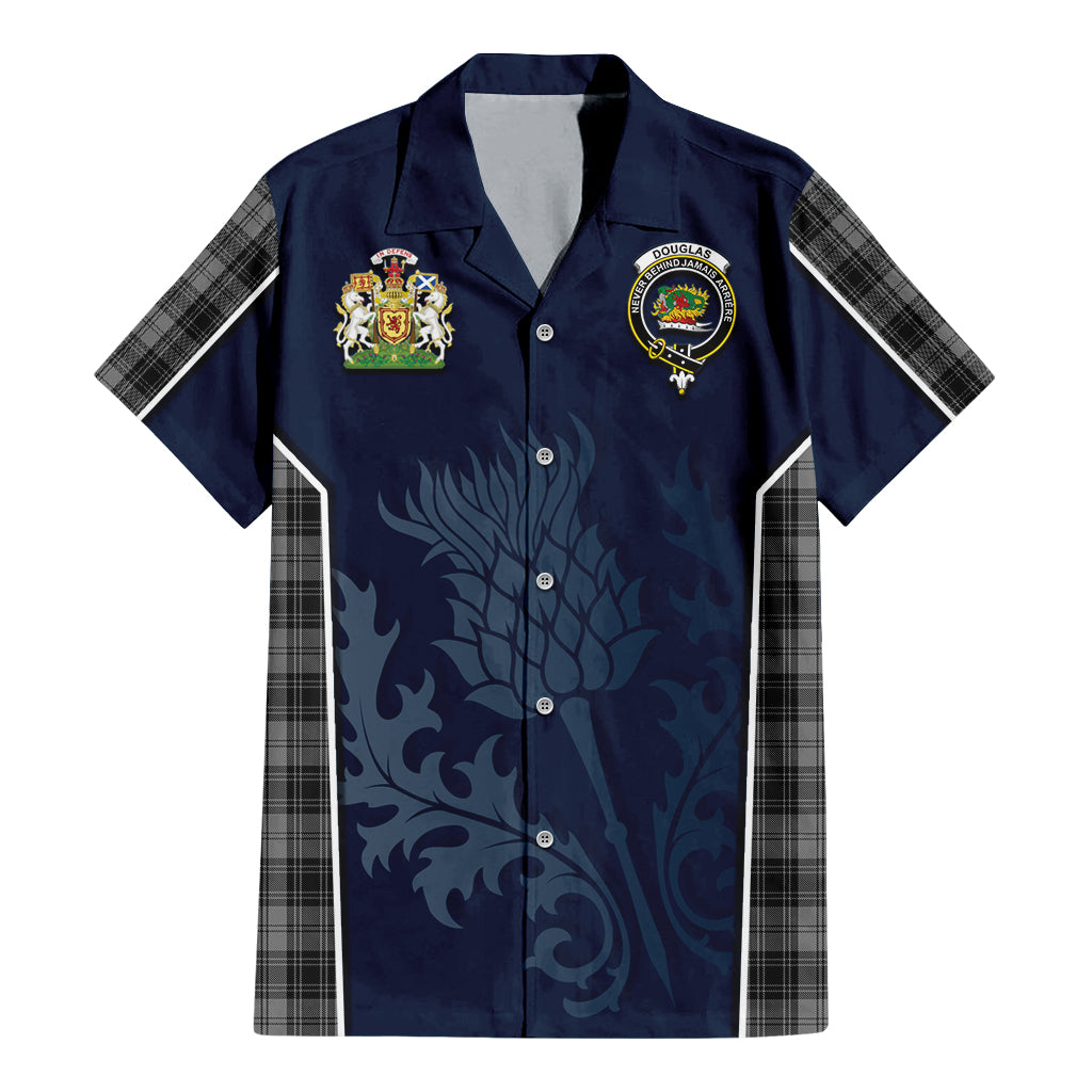 Tartan Vibes Clothing Douglas Grey Tartan Short Sleeve Button Up Shirt with Family Crest and Scottish Thistle Vibes Sport Style